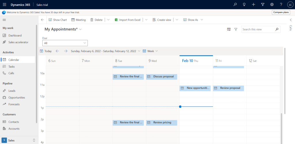 Dynamics 365 Sales Calendar